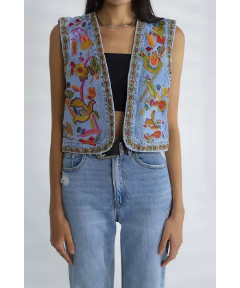 ETNİK DESENLİ DENİM YELEK