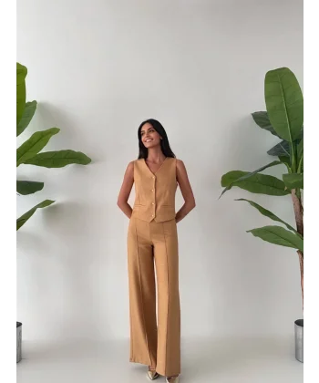 PREMİUM YÜN EFEKT KUMAŞ YELEK PANTOLON TAKIM VİZON