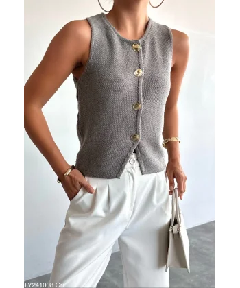 Premium Gold Düğme Gri Triko Yelek