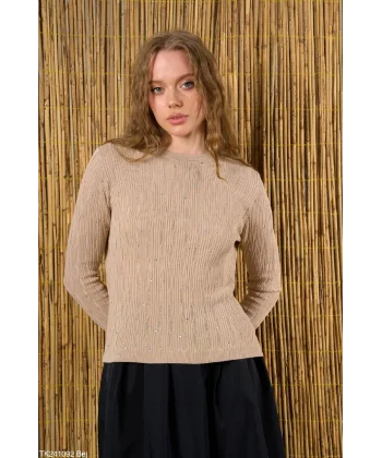 Taşlı Triko Bej İnce Kazak