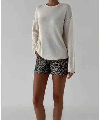 Dikiş Detay İnce Triko Kazak Ekru