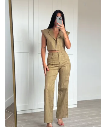 Taş İşlemeli Yelek Pantolon Takım Haki