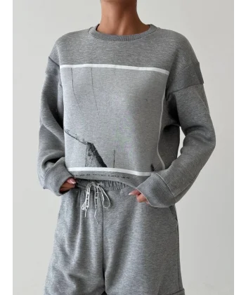 Sırtı Fermuar Detaylı Baskılı Sweatshirt Gri