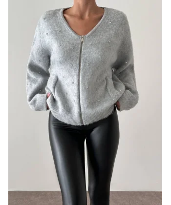 TAŞ DETAY FERMUARLI HIRKA GRİ