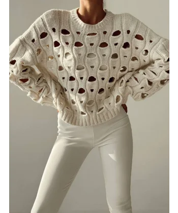 DELİKLİ KALIN TRİKO KAZAK KREM