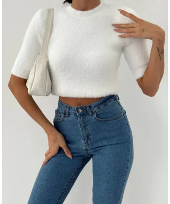 Bisiklet Yaka Kapri Kol Sakallı Beyaz Kazak