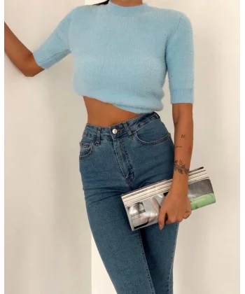 Bisiklet Yaka Kapri Kol Sakallı Mavi Kazak