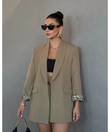 Leopar Astarlı Şal Yaka Blazer Ceket Haki