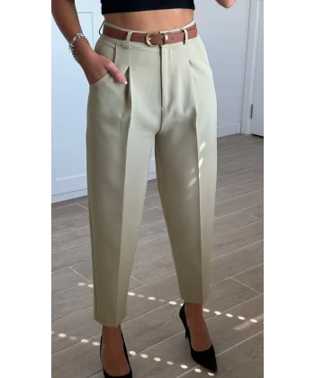 Yüksek Bel Kemerli Havuç Pantolon Açık Yeşil