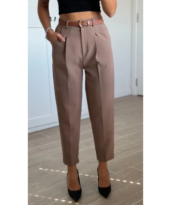 Yüksek Bel Kemerli Havuç Pantolon Kahverengi