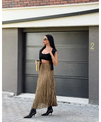 Kırışık Modal Kumaş Uzun Astarlı Etek Olive Yeşil