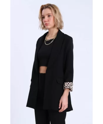 Leopar Astarlı Şal Yaka Blazer Ceket Siyah