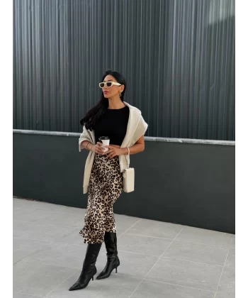 Leopar Desen Saten Etek