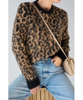 LEOPAR DESEN ŞARDONLU KAZAK