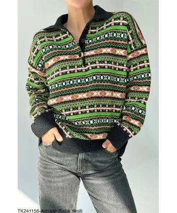 Çok Renkli Polo Yaka Kilim Desenli Triko
