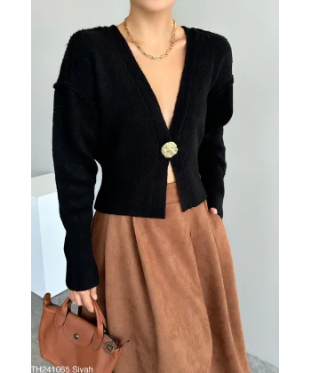 Ters Dikişli Tek Düğmeli Siyah Hırka