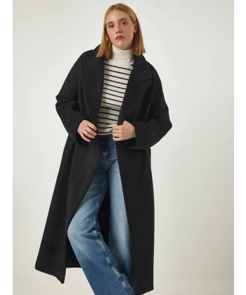 Kuşak Kapamalı Siyah Yün Kaban