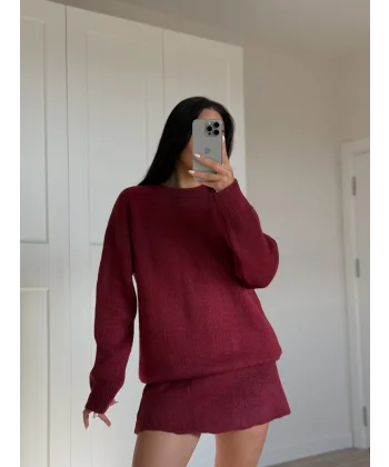 Bordo İkili Etek Kazak Triko Takım