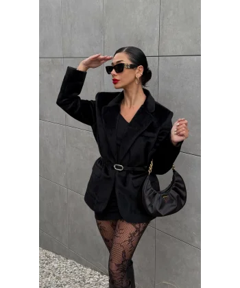 Alpaka Doku Kemerli Siyah Peluş Ceket