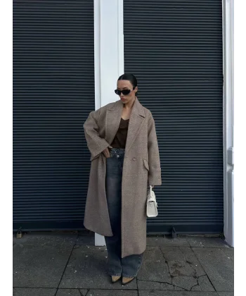 Kahverengi Balıksırtı Desenli Oversize Kaban