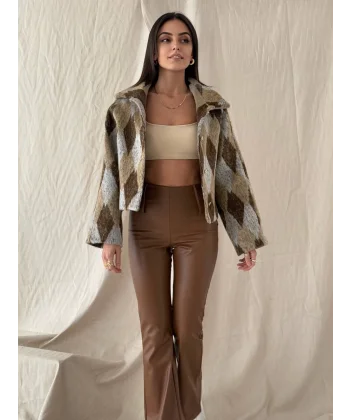 Baklava Desen Jakar Ceket Kahve