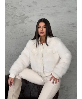 Deri Garnili Beyaz Kürk Ceket