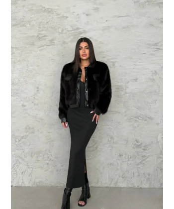 Deri Garnili Siyah Kürk Ceket