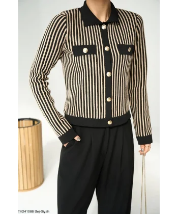 Gold Düğme Çizgili Triko Hırka