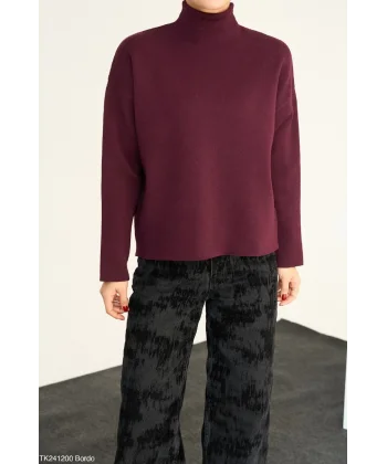 Yarım Balıkçı Yaka Bordo Triko Kazak