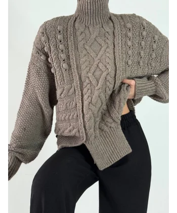 Saç Örgü Yırtmaç Detaylı Vizon Kazak