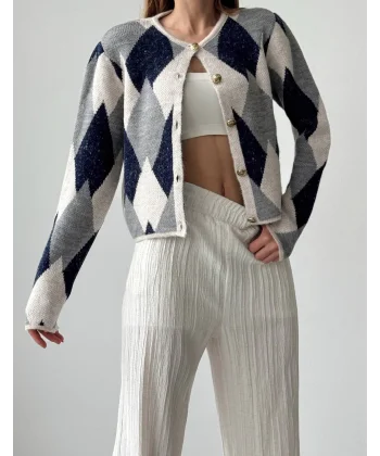 Baklava Desen Kısa Hırka Taş