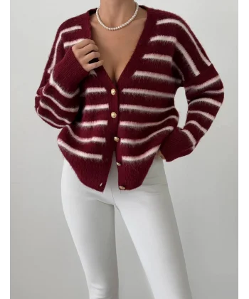 Sakallı Çizgili Hırka Bordo