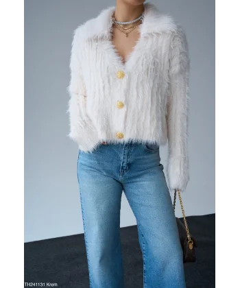 Premium Gold Düğmeli Tüylü Hırka