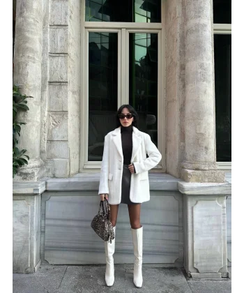 Çift Düğme Peluş Ceket Beyaz