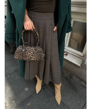 Balıksırtı Pile Detaylı Midi Boy Kaşe Etek Bej/Kahve