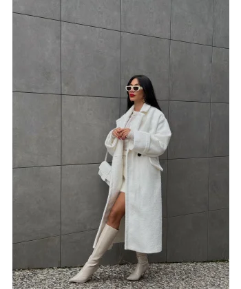 Yün Oversize Buklet Kaban Beyaz