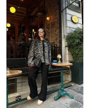 Gri Leopar Desenli Hırka Ceket