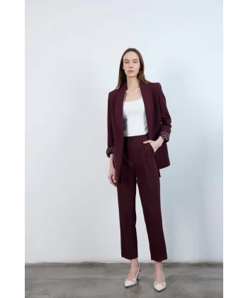 Leopar Astarlı Şal Yaka Blazer Ceket - Mürdüm