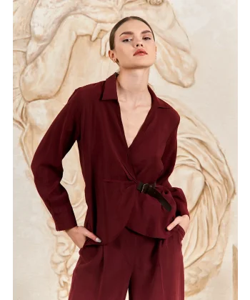 Kemer Detaylı Modal Kumaş Gömlek Bluz-Bordo
