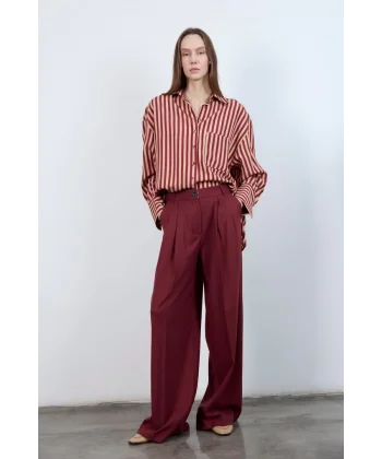 Çizgili Gömlek - Bordo Camel