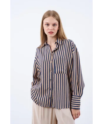 Çizgili Gömlek - Lacivert Camel