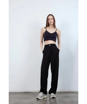 Myra Pileli Gold Düğme Palazzo Pantolon - Siyah