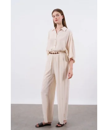 Keten Gömlek Pantolon Takım Krem