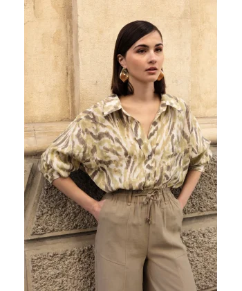 Düşük Omuz Desenli Modal Gömlek - Yeşil