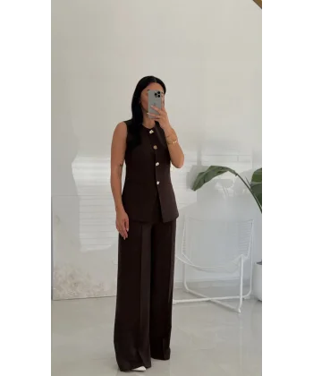 Gold Düğme Yelek Pantolon Takım - Kahve