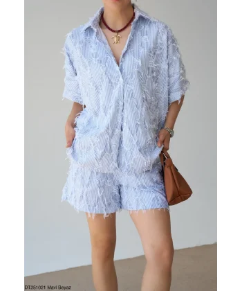 İplik Detay Şort Gömlek Takım-Mavi Beyaz
