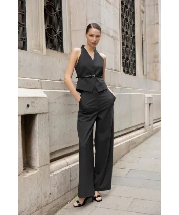 Çizgili Yelek Pantolon Takım-Siyah