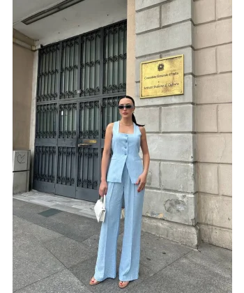 Keten Yelek Pantolon Takım-Mavi