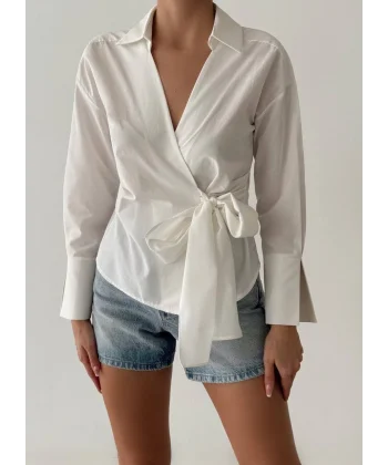 Bağlama Detaylı Kruvaze Bluz Gömlek-Beyaz