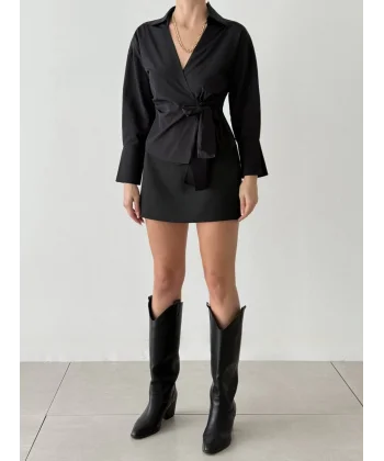 Bağlama Detaylı Kruvaze Bluz Gömlek-Siyah